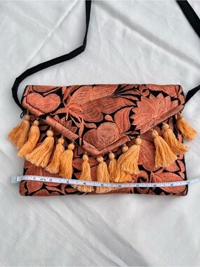 Handmade Mexican Embroidered Floral Tassel Crossbody Bag - Orange/Black